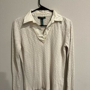 Lauren Ralph Lauren Cream V-Neck Sweater with Cable Knit